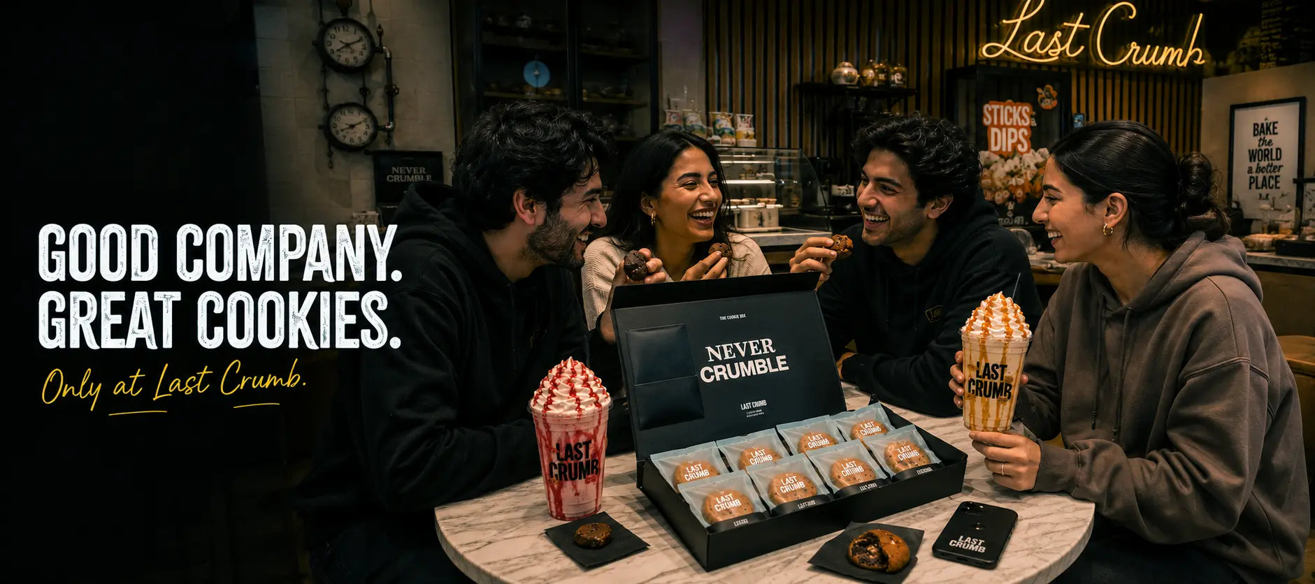 Four people gathered around a table in a cozy cafe setting, smiling and sharing cookies from a black Last Crumb box. The scene is warmly lit with promotional text on the left reading 'GOOD COMPANY.