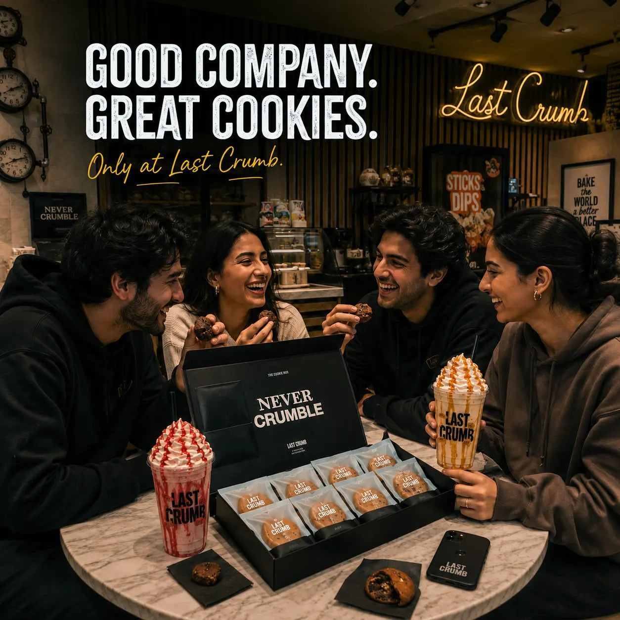 Four people gathered around a table in a cozy bakery setting, smiling and sharing cookies and drinks. A large open black box of Never Crumble cookies sits in the center, with several decorated cookies and a branded drink cup on the table.